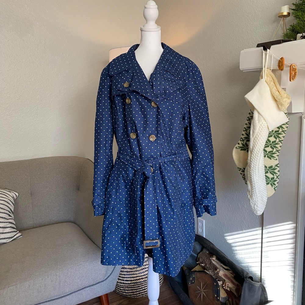 Blue polka dot trench coat